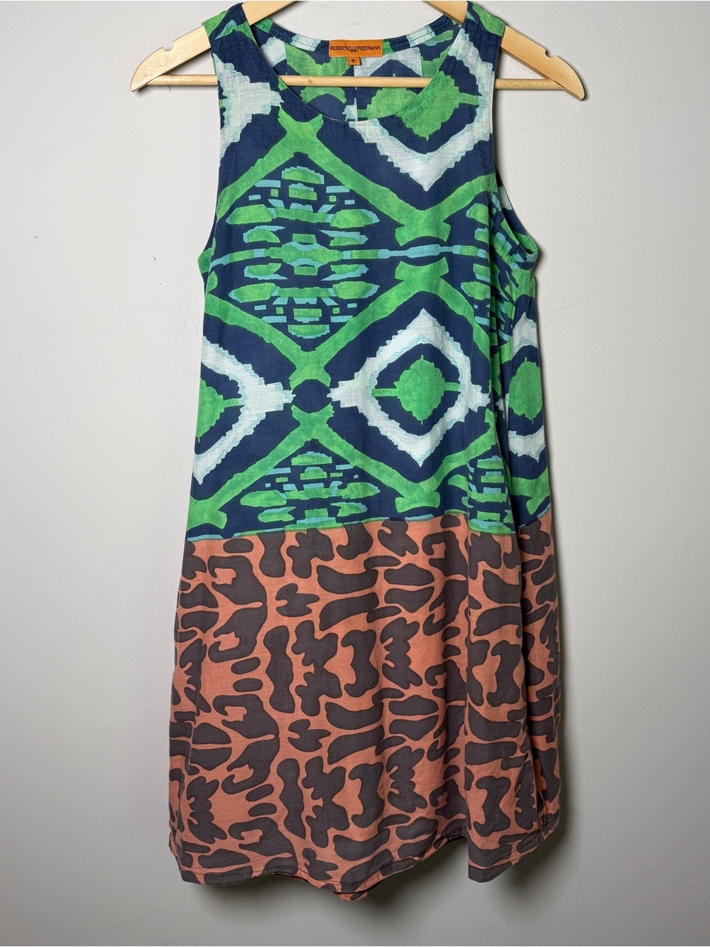 Roberta Freymann Ikat Abstract Mixed Print Cotton Shift Dress Sleeveless S